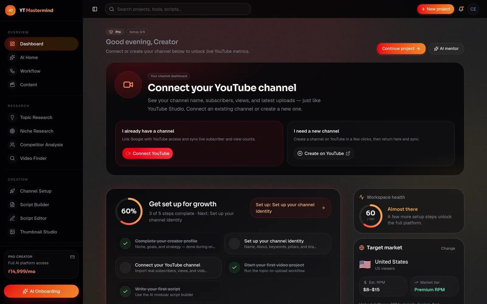 YT Mastermind dashboard with channel setup progress, workspace health, and target market