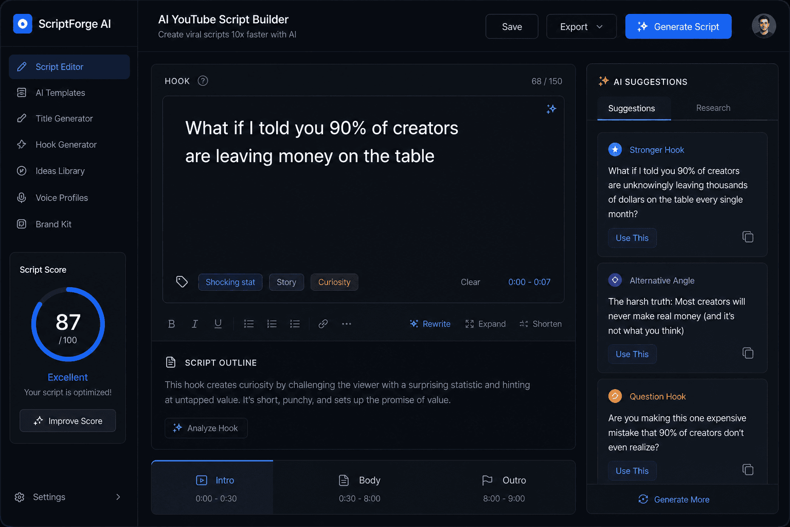 YT Mastermind Script Builder with AI hook suggestions and modular segments